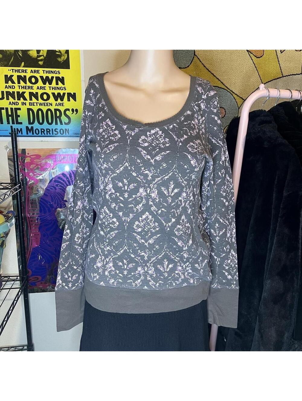 Whimsigothic Gray Floral Thermal Long Sleeve Top